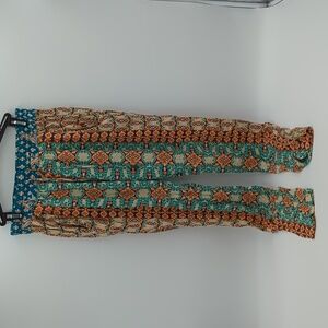 Gypsy 05 Global Village Boho pants Straight Legs Teal Orange geometric print xs